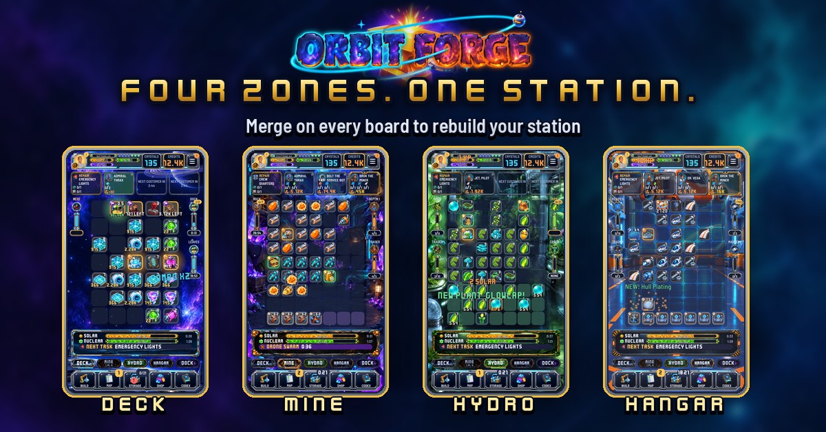 Orbit Forge: the four zone boards side by side, Deck, Mine, Hydro and Hangar